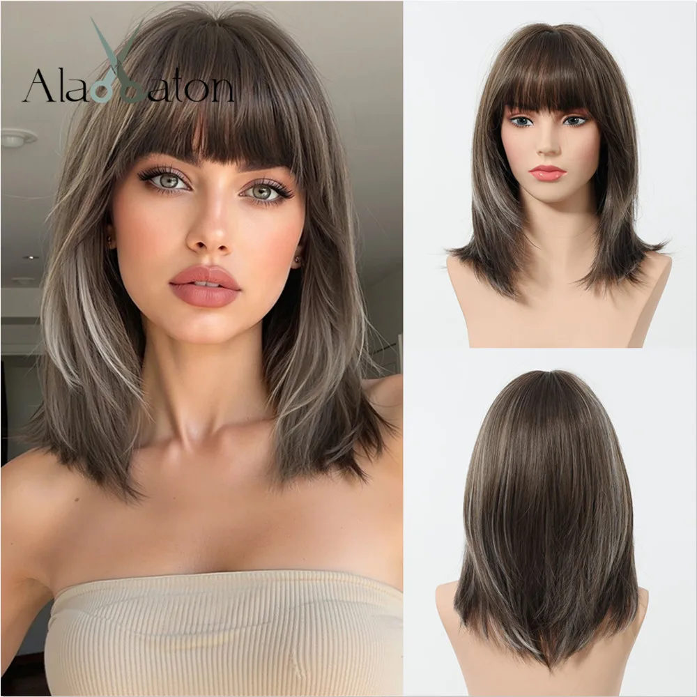 ALAN EATON Brown Highlight Synthetic Wigs with Bangs Shoulder Length Layered Wig Short Straight Hair for Daily Natural Looking