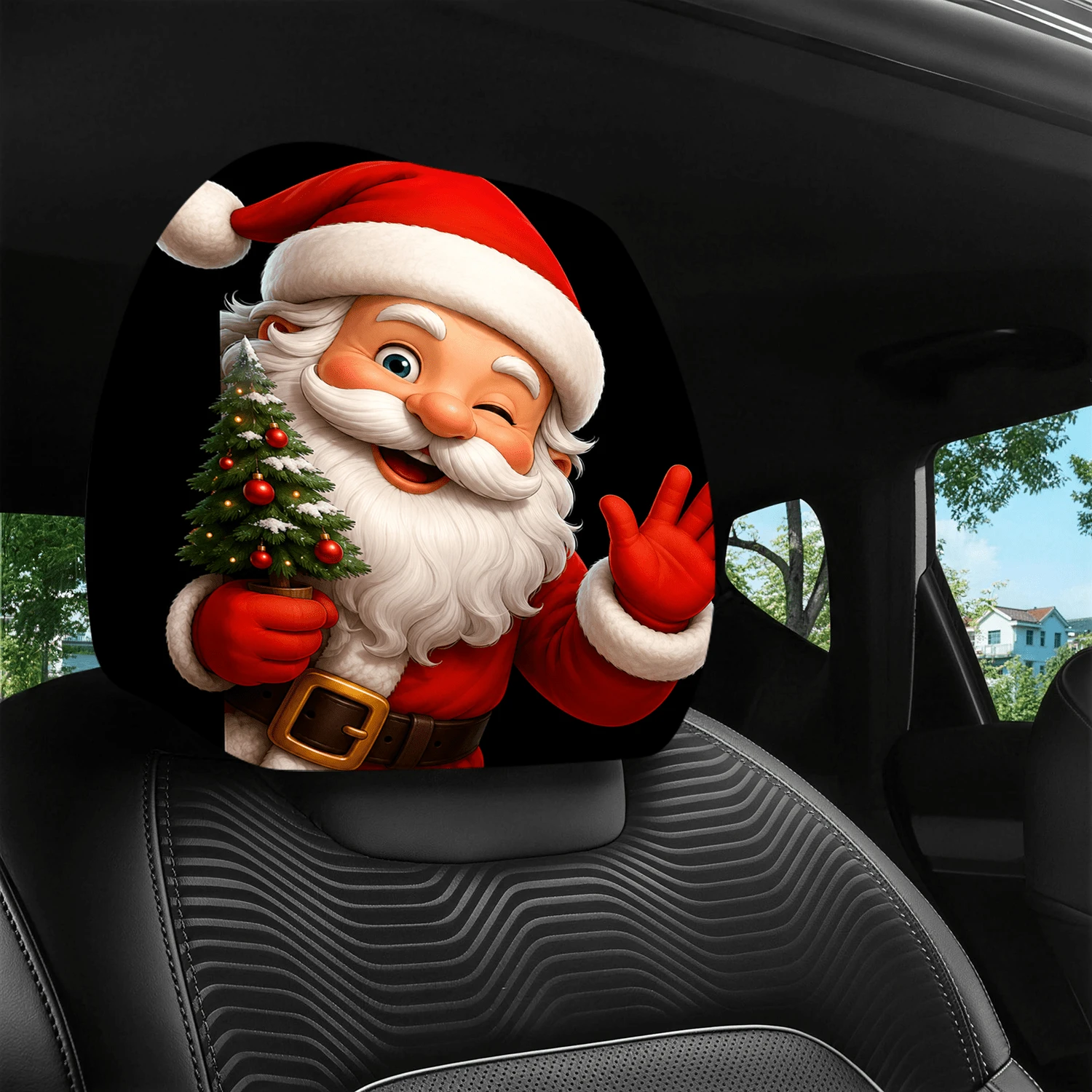 2-Pack Printed Car Headrest Covers, Elastic Design for Universal Fit, Ideal Choice for Interior Decoration, Cute Cartoon Santa Claus Holding a Christmas Tree, Fun Car Decoration, Creates a Festive Atmosphere