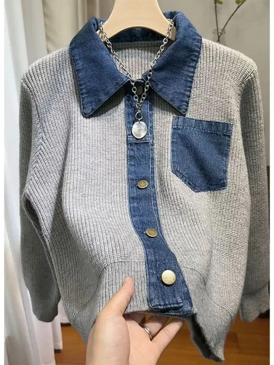 

Chic Cropped Cardigan Jacket Women Designer Polo Neck Denim Patchwork Jumper Spring Autumn Jacket Y2k Harajuku Short Tops New