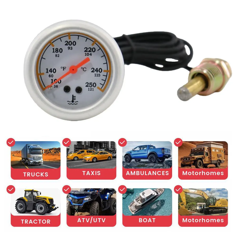 12V Mechanical Water Temperature Gauge 2 Inch 52mm with Sensor Thread 14NPT and Dual Scale Display for Vehicle Dashboards