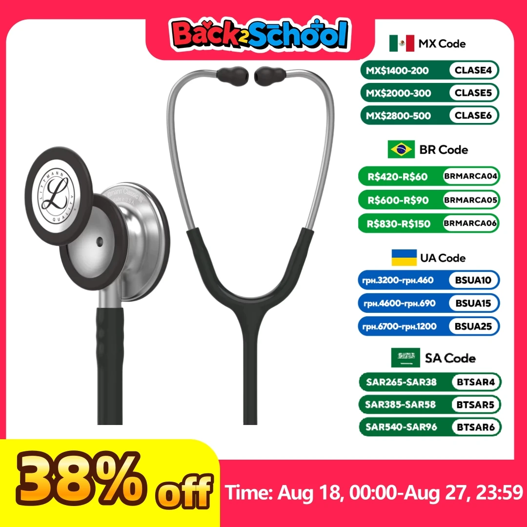 

3M Littmann Classic III Monitoring Stethoscope 5620 Black Tube Stainless Stem and Headset For Doctor Nurse Health Care
