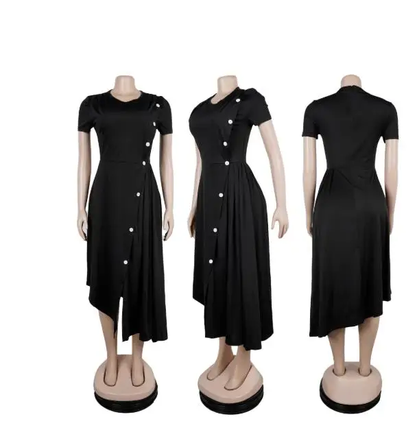 

Women's Elegant Round Neck Button Decor Slit Pleated Dress Temperament Commuting New Women Fashion Asymmetrical A-Line Dresses