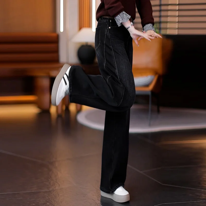 بنطال جينز ضيق مبطن بالصوف للنساء للتخسيس بنطال سميك عتيق مستقيم الساق