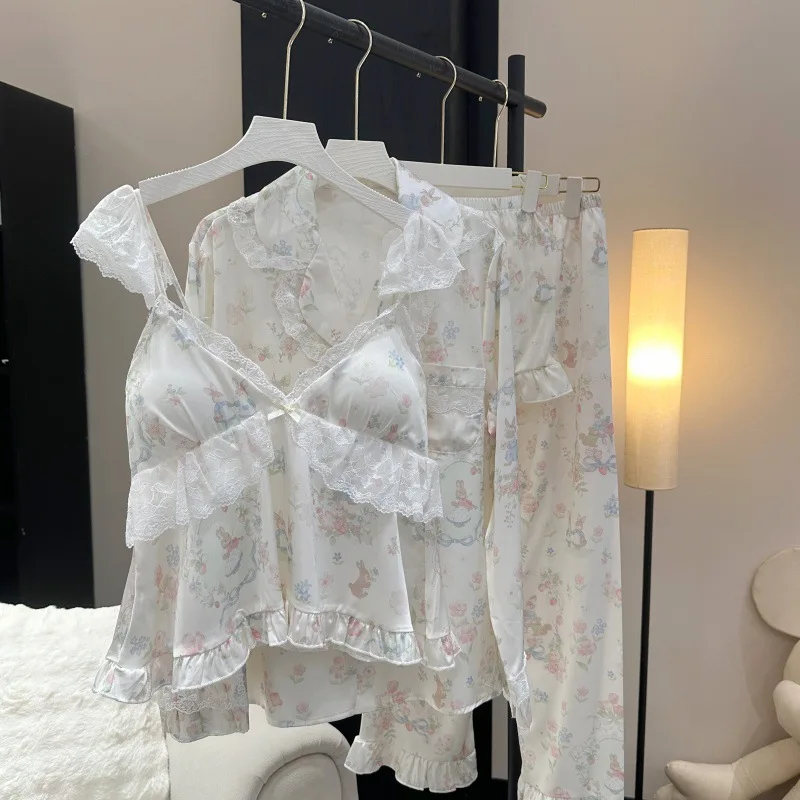 Pink Sleepwear Sweet Lace Ruffles Cami Top Shorts 4Pcs Women Sleep Set Princess Style Rayon Home Clothes Loungewear Nightwear
