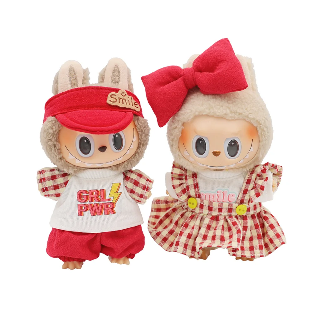 Roupas de boneca para 15/17cm labubu boneca de pelúcia menina vestido xadrez arco acessório de cabelo menino pato bill boné camiseta conjunto boneca casal conjunto