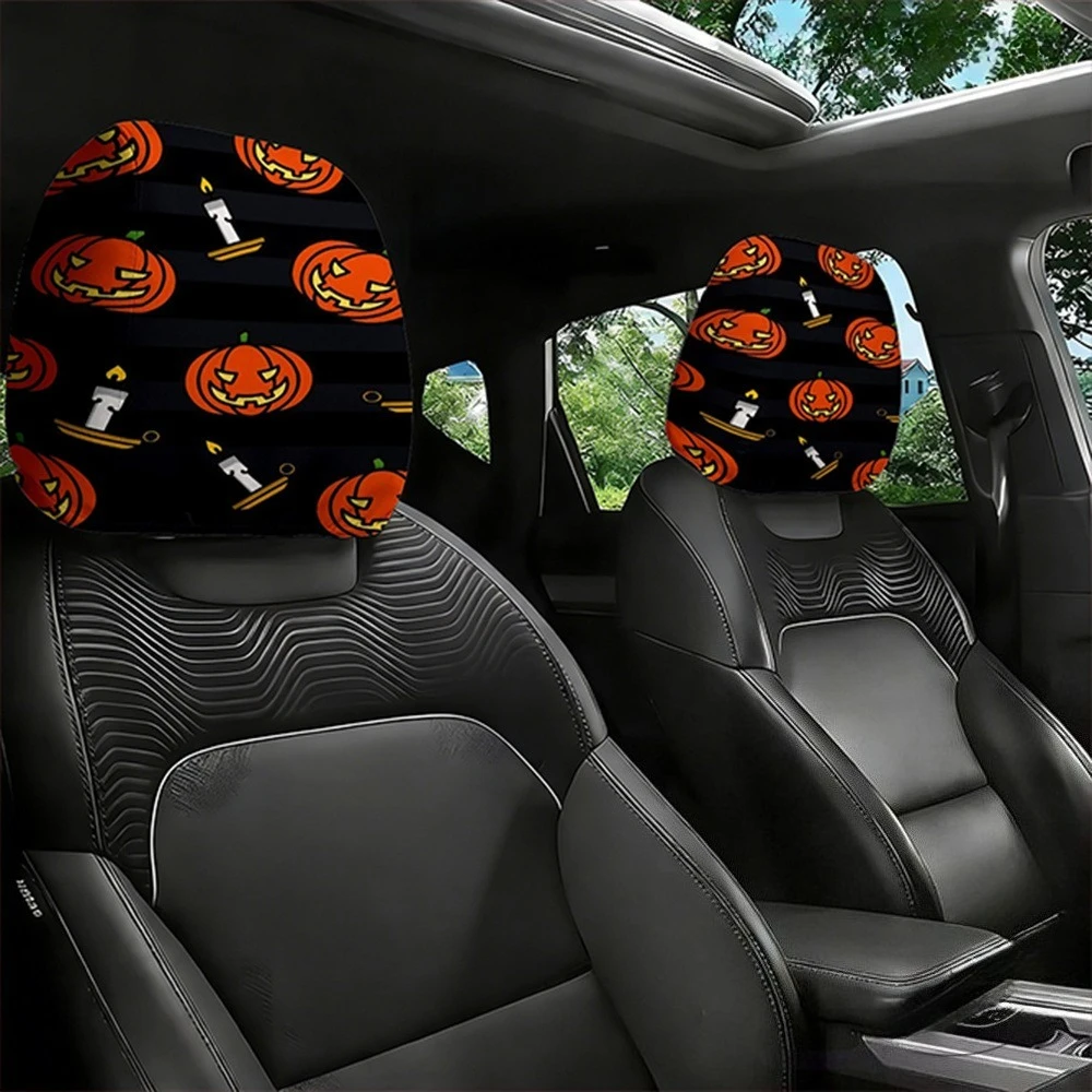 Halloween Pumpkin Print Headrest Covers, Removable & Washable Car Headrest Covers, Breathable & Comfortable