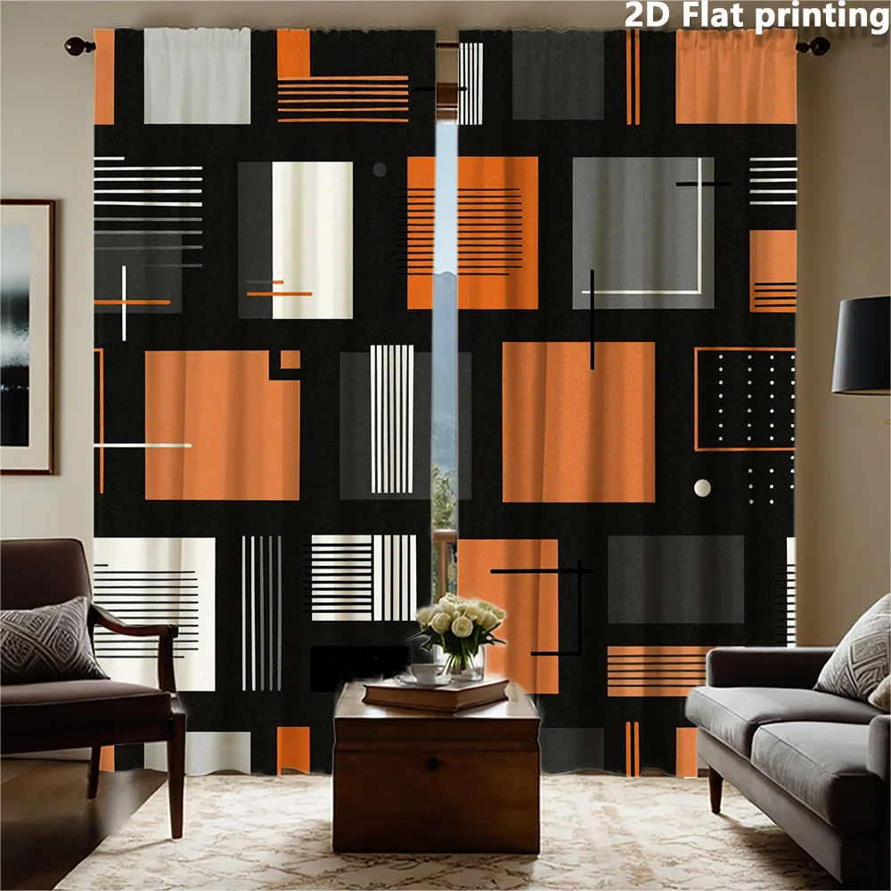 2pc Contemporary Abstract Geometric Curtains Black Orange Panel Design for Living Room Windows Modern Home Decor