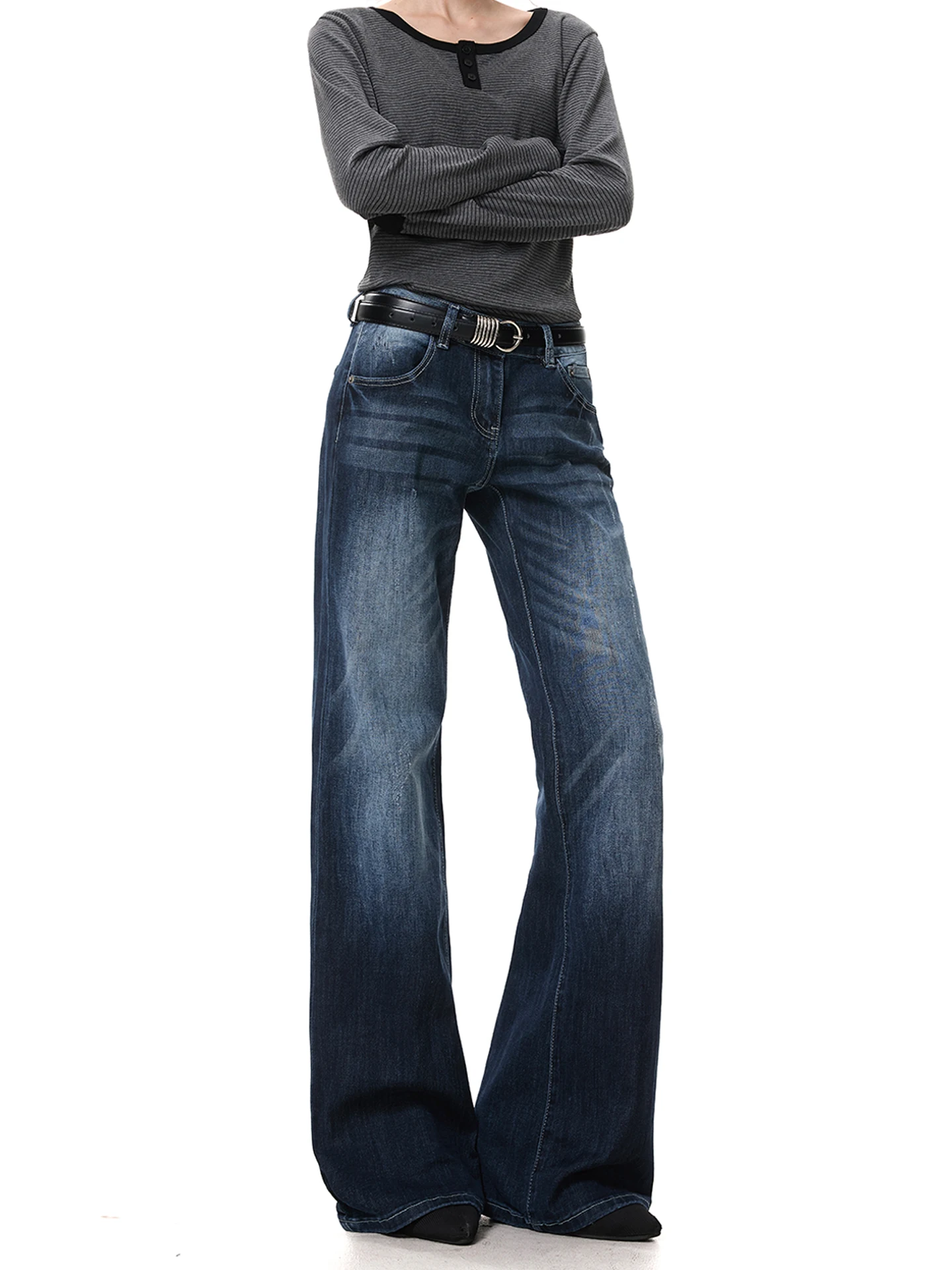 

Slimming Blue ey Denim Flared Jeans Low Waist Faionable Micro Stretch Hot Girl Wide Leg Pants Casual Wear for Ladies