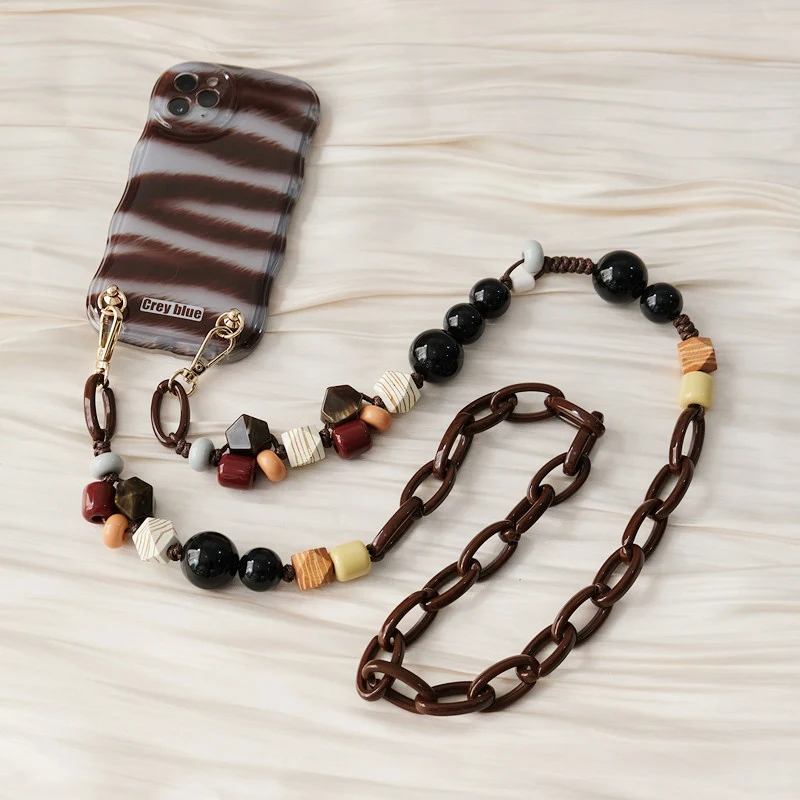 New Phone Accessory Cellphone Chain Anti Lost Universal Amber Beaded Lanyard Shoulder Neck Crossbody SmartPhone Strap Case Chain