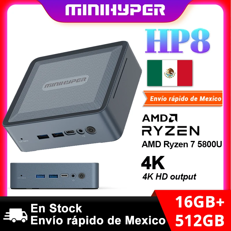 MiniHyper HP8 Mini PC Windows 11 AMD Ryzen 7 5800U CPU 16GB DDR4 Storage SSD 512GB 4K HD output Portable PC Office Mini Host