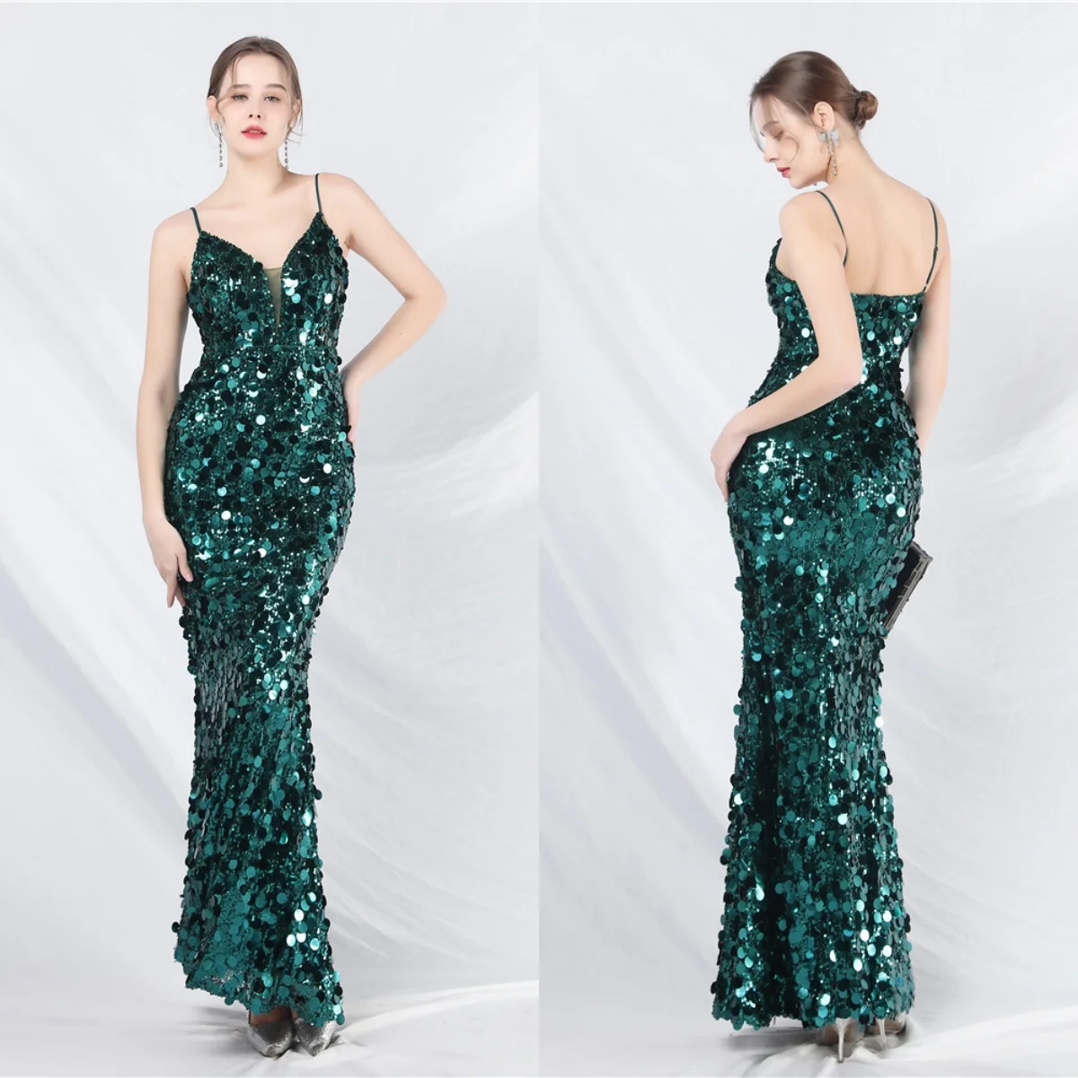 

Evening Dress Green Sequins Stretchy Sgaphetti Straps Zipper Mermaid Trumpet Floor Length Slit Women Party Formal Gown YE304