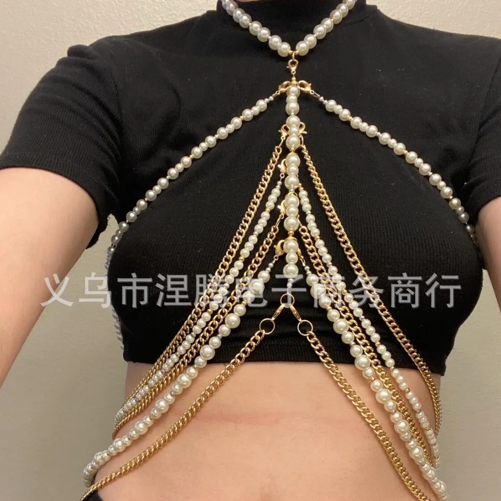 

New pearl beaded body chain, European and American popular chest chain waist chain integrated, accessories pearl body