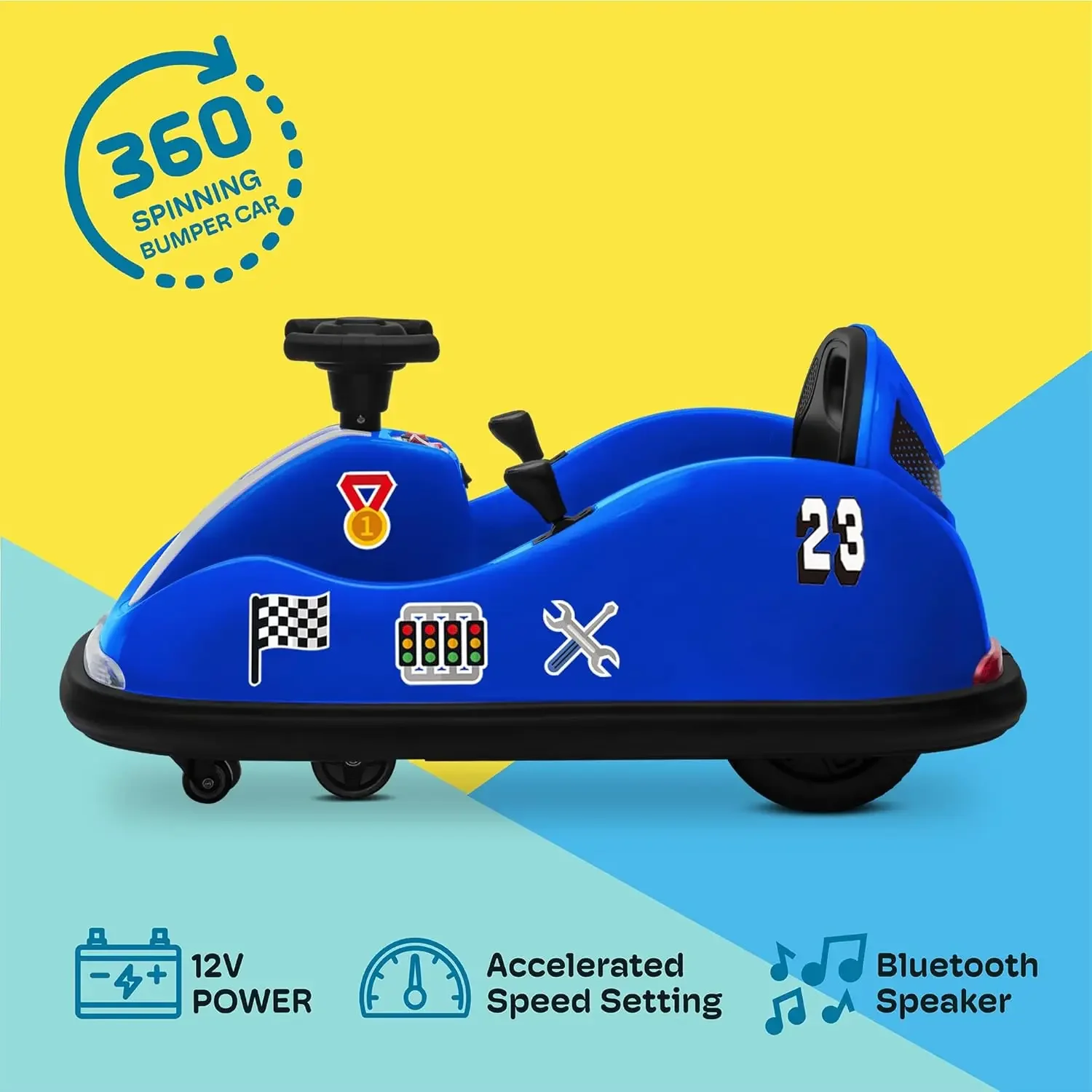 12V 2 Driving Mode (Steering Wheel/Joystick) Ride On Bumper Car for Kids & Toddlers 1.5-6 Year Old DIY Sticker Baby