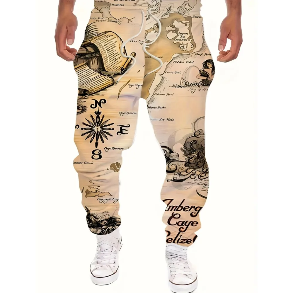 

Men's Sweatpants,Retro Sailing Map Graphics Polyester Joggers, Slim Fit Casual Lounge Pants With Pockets, Spring Fall Streetwear
