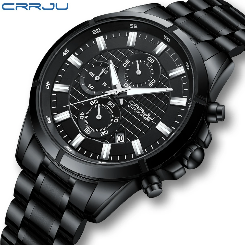 

CRRJU Mens Watches Top Brand Stainless Steel Hollow Sports Waterproof Quartz Watch Men Military Wristwatch Relogio Masculino