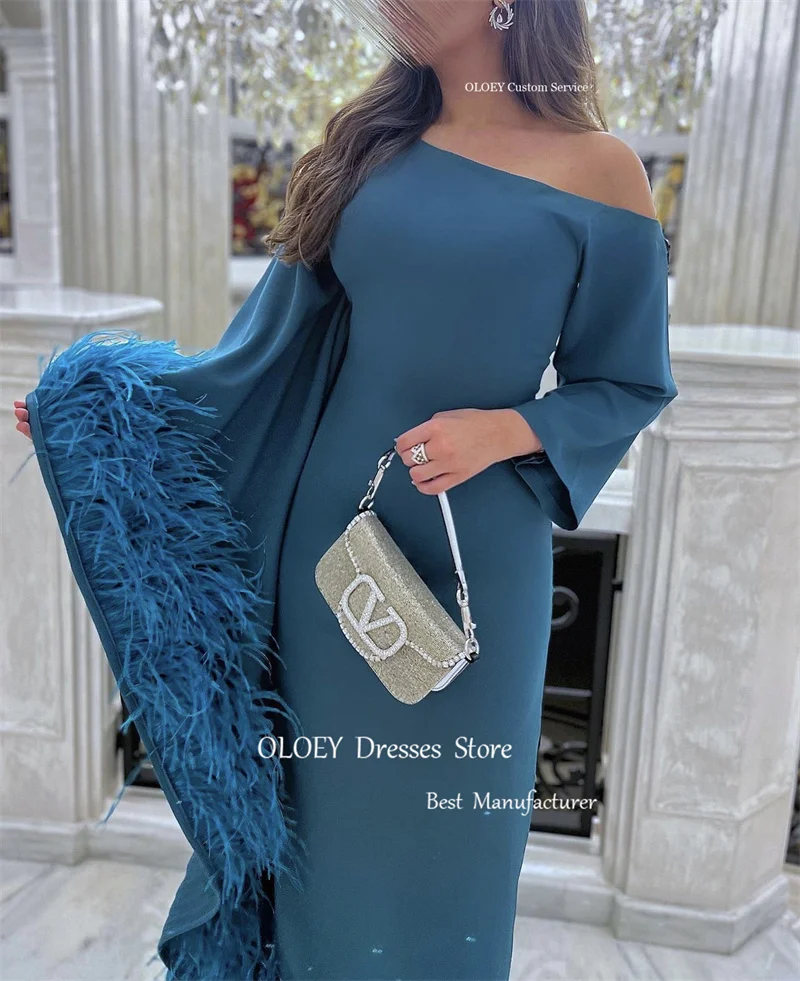 OLOEY Elegant Dusty Blue Feathers Evening Dresses Saudi Arabic Women Puff Long Sleeves Crepe Dubai Formal Party Prom Gowns