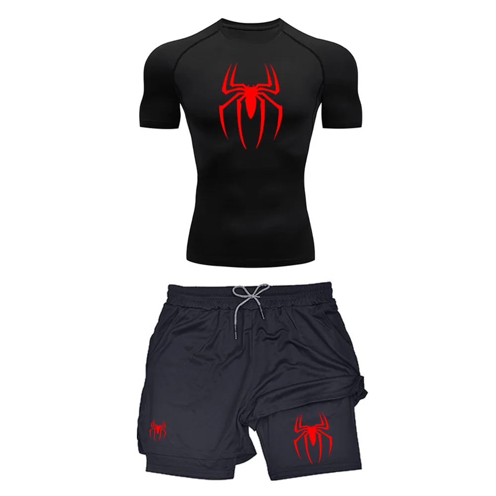 Men's Workout Compression Set Y2K Spider Printed Gym Tshirts Breathable Running Shorts Quick Dry Sports Rash Guard Sportwear Set