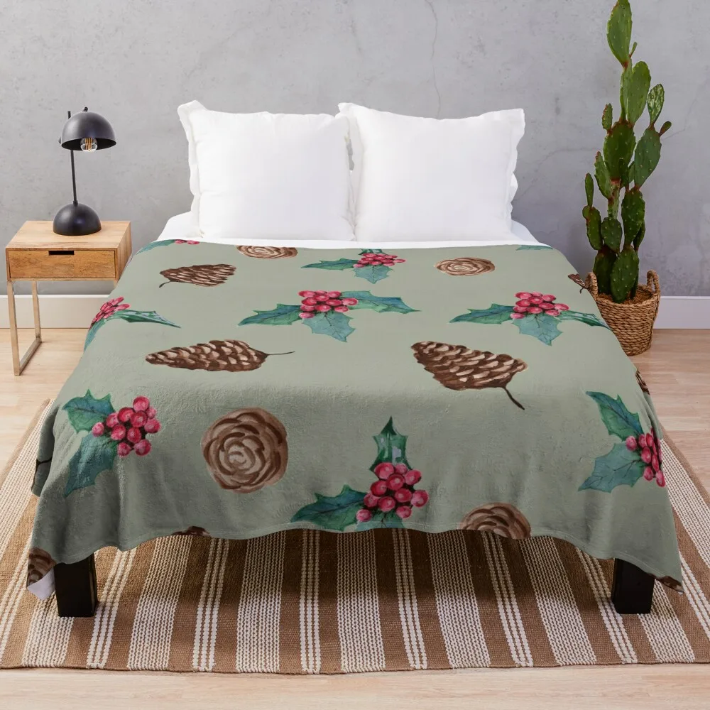 Pine Cones and Holly Christmas Pattern Throw Blanket Baby sofa bed Blankets