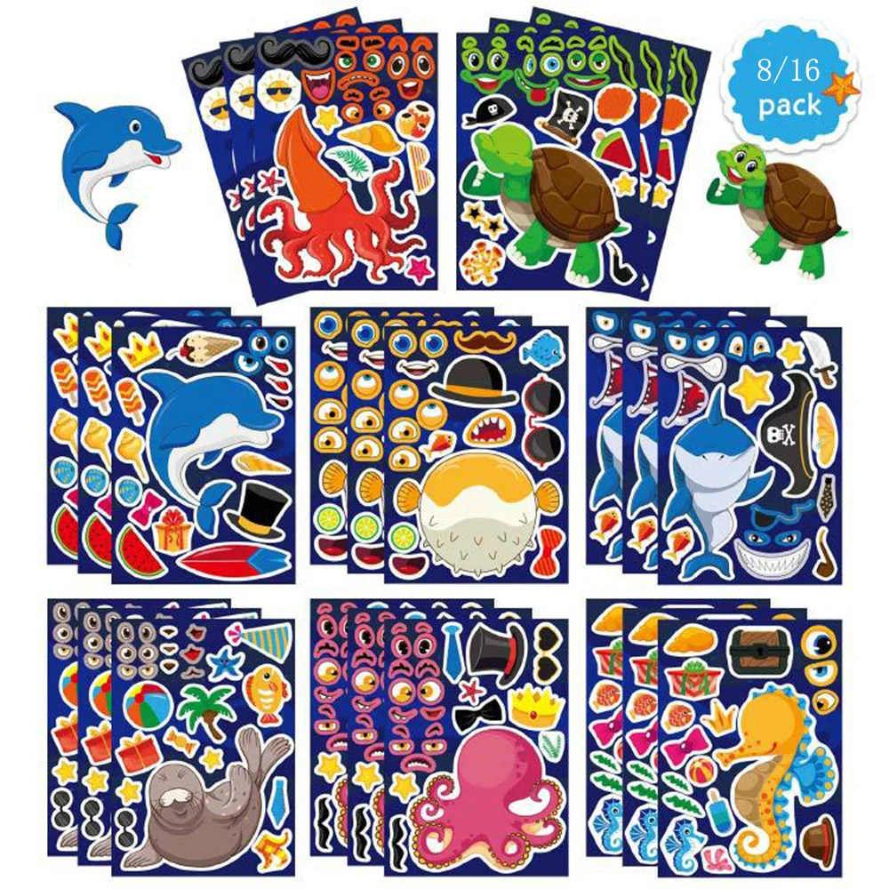 8/16Sheets Cute Marine Animal Puzzle Stickers Dolphin Turtle Make-a-Face Decal Waterproof Assemble Jigsaw Sticker Book Kids Toys