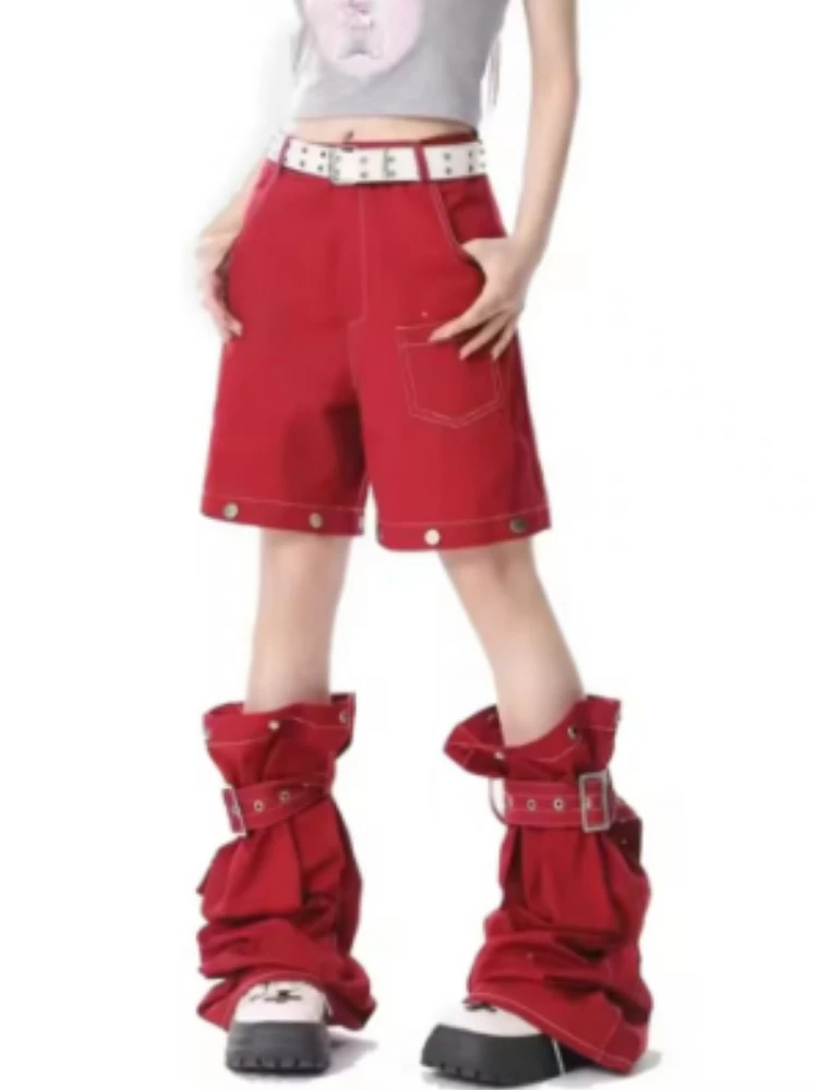Vintage Y2k Red Baggy Cargo Pants Women Hip Hop Gothic Punk Hippie Removable Wide Leg Denim Pants Streetwear Casual Jeans New