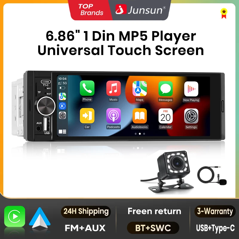Junsun Carplay 1 Din 6.86 '' Autoradio Multimediale Lettore MP5 Android Auto Universale Stereo Bluetooth Specchio Link USB Tipo-C FM