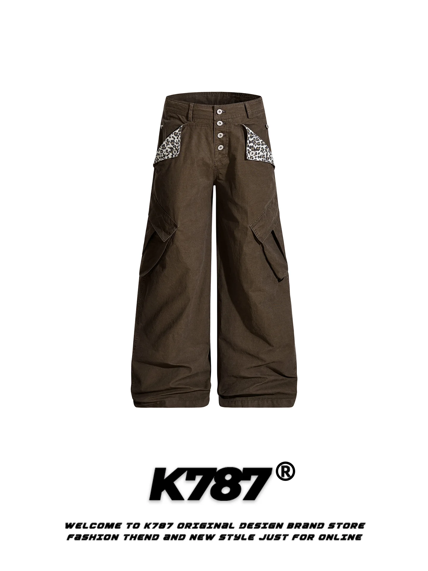 

K787 American Retro Leopard Print Patchwork Work Pants High Waist Loose Straight Leg Casual Trousers for Men And Women