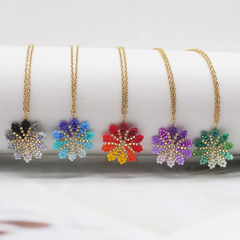 Beaded necklace Flowers Hand knitting Snowflake Hollow out Gradient color Design Bohemia Tide Adjustable  Rice bead necklace