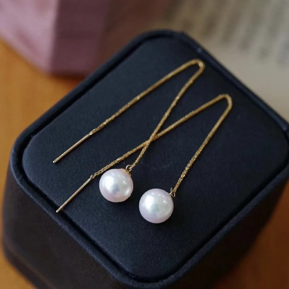 Beautiful earrings AAAA5-6mm 6-7mm natural South Sea round pearl earrings 18k/AU750 thick gold