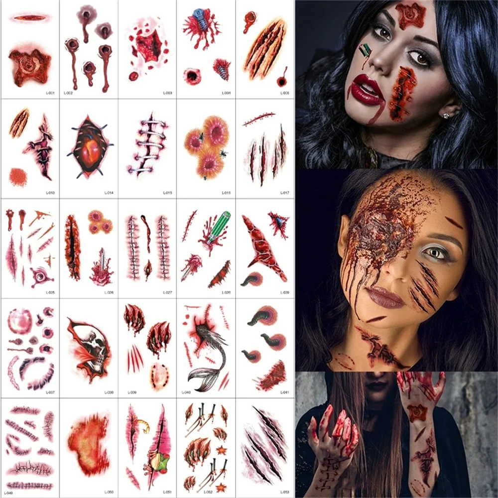 30 Uds. Tatuaje temporal impermeable para heridas de Terror de Halloween, pegatina para lesiones en sangre, cicatriz, arte corporal, brazo, tatuajes falsos, manga para mujeres y hombres