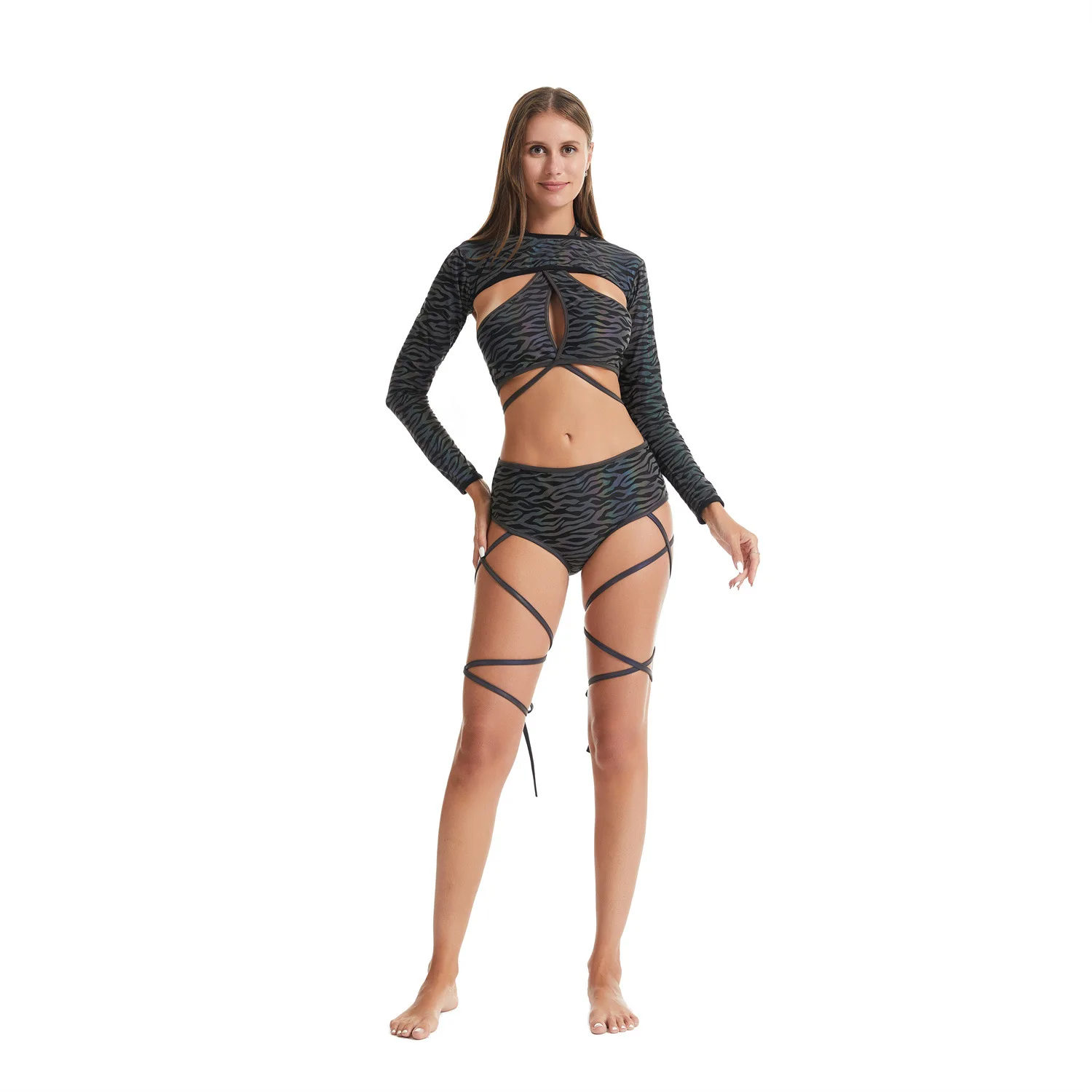 

Sexy Pleated Swimsuit Tight-Fitting One-Piece High-Waist Long Sleeves Noctilucent Halter Brazil Vacation Hot Spring Swims