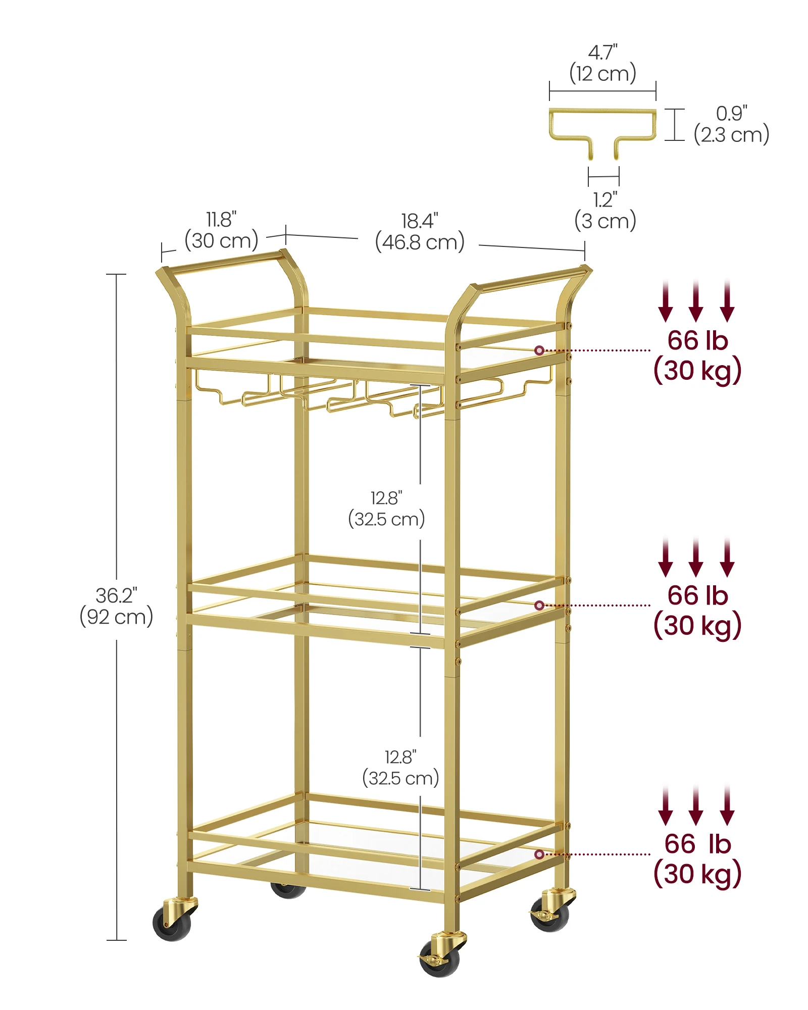 VASAGLE-Chariot de bar, petit chariot de bar à la maison avec étagère à 3 niveaux, porte-bouteilles, porte-verres, mini chariot de bar