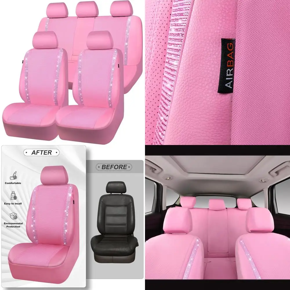 Bling Diamond Car Seat Covers Full Set, Shining Rhinestone Waterproof Faux Leather, Rear with Zipper, Universal Fit Automotive G