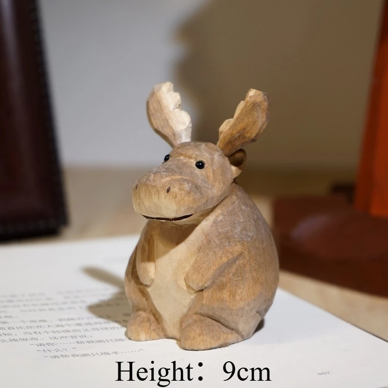 Handmade Wood Carved Chubby Moose Figurine Cute Cartoon Ornament Bookcase Office Desk Decor Craft Christmas Gift Home Decoration