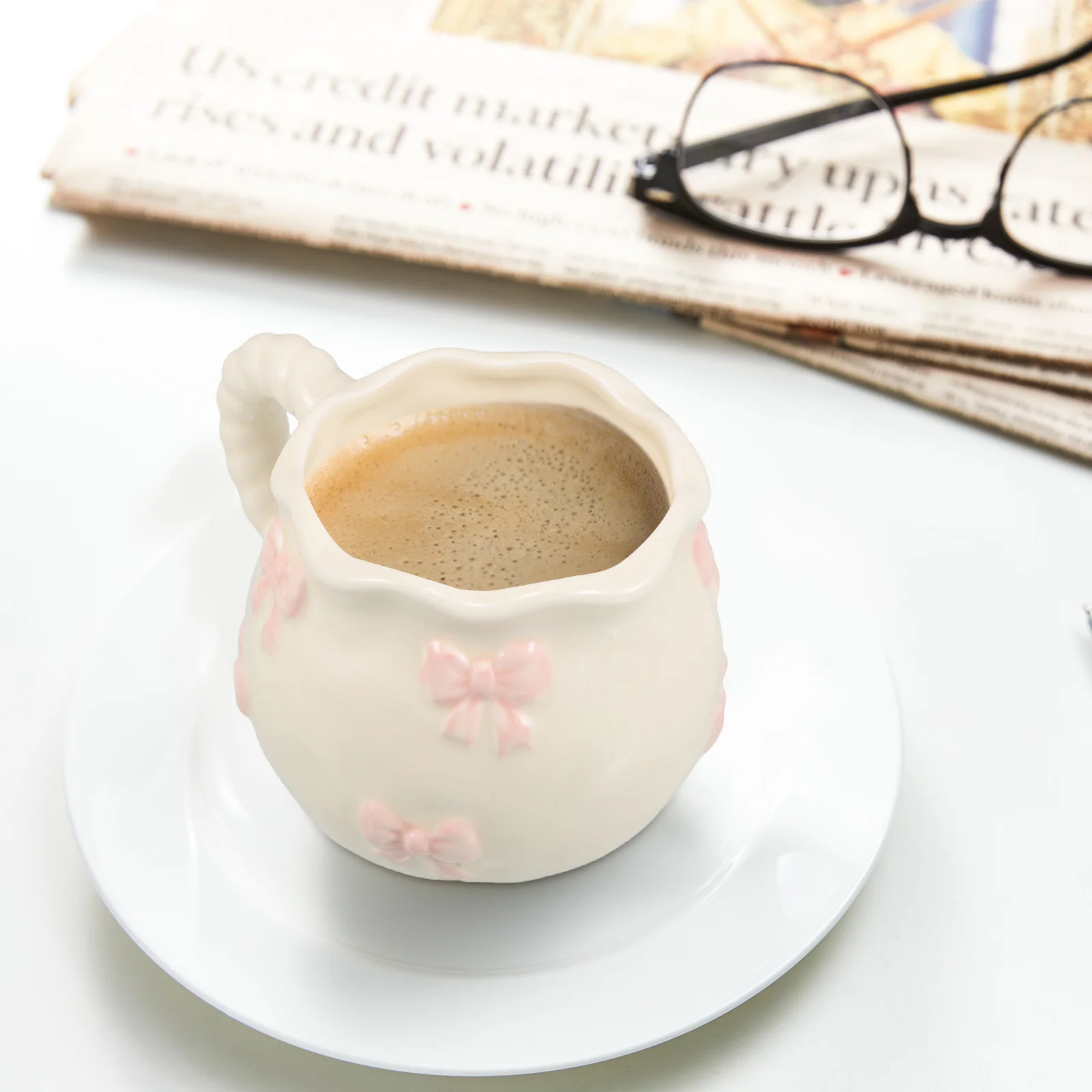 

Cute Ceramic Coffee Mug with Bowknot Handle Unique 3D Artistic Design Tea Cup for Home Office Novelty Drinkware Present