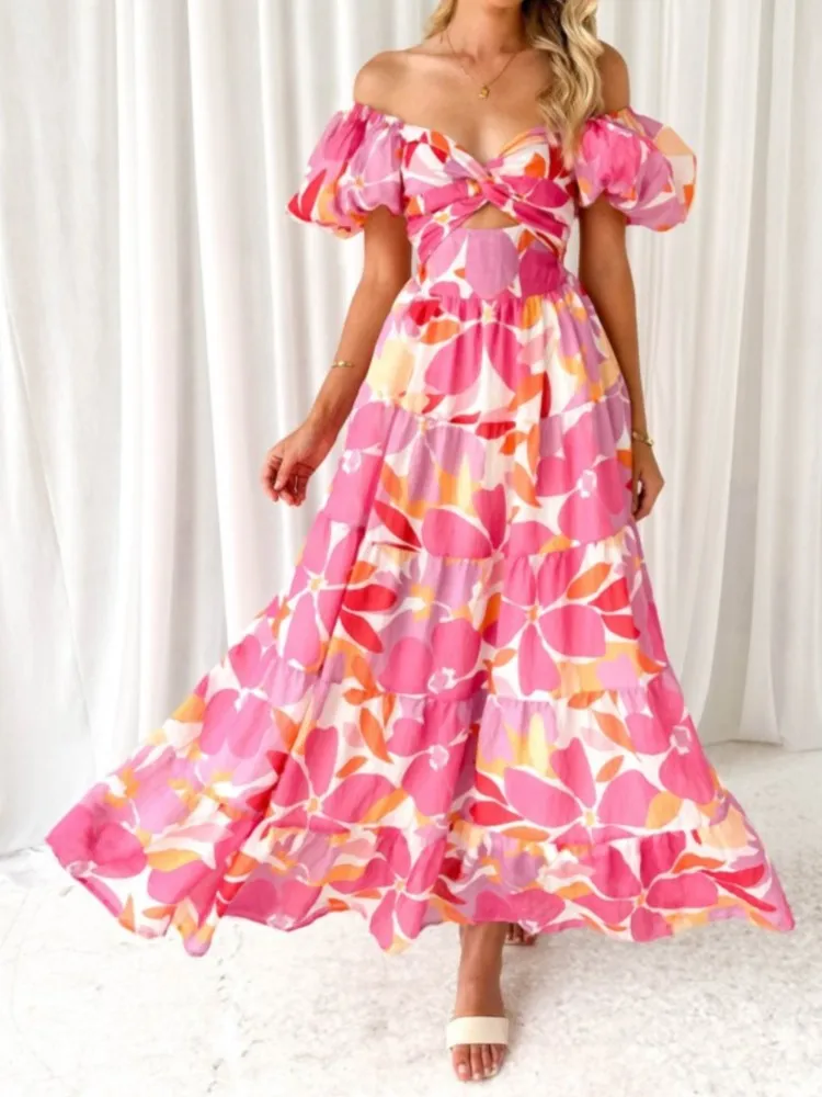 

Summer Vacation Style Casual Print Waist Puff Sleeve Large Swing Dress Women's Sexy Hot Girl Hollow High Waist Casual Dress