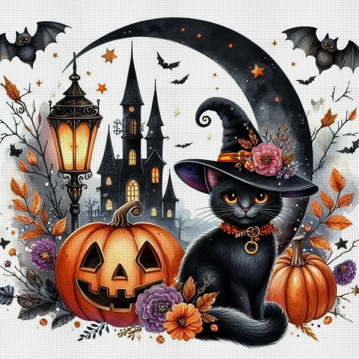 Pumpkin & Witch Cat Cross Stitch Kit DIY 11CT Embroidery Home Wall Decor Gift Handmade Material Frameless Semi-Finished 36×36cm