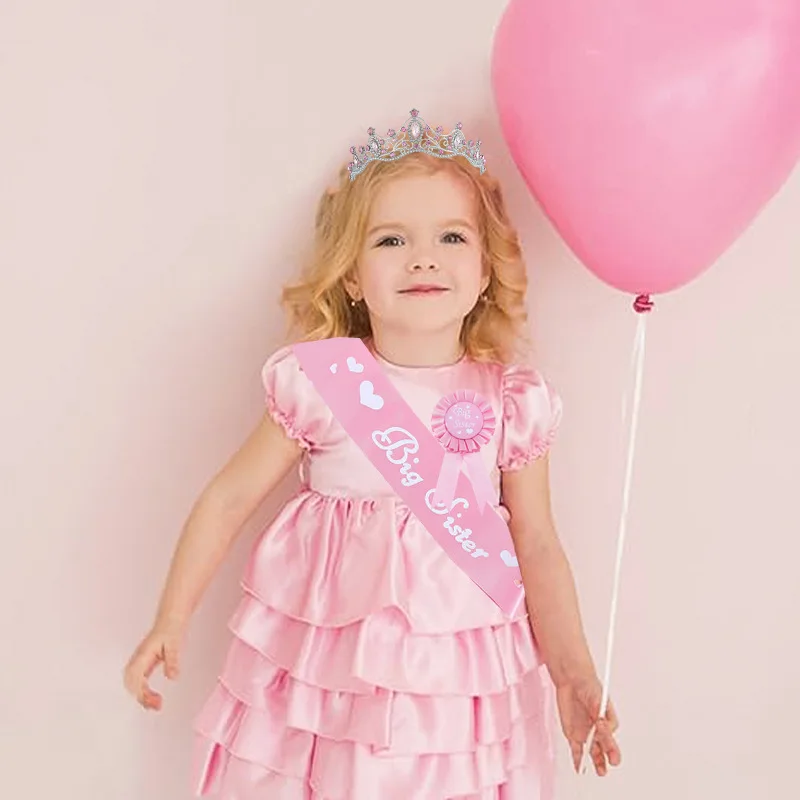 3pcs Big Sister Sash Ribbon Badge and Tiara Crown Set for Girls Birthday Baby Shower Big Sister To Be Party Supplies Decorations