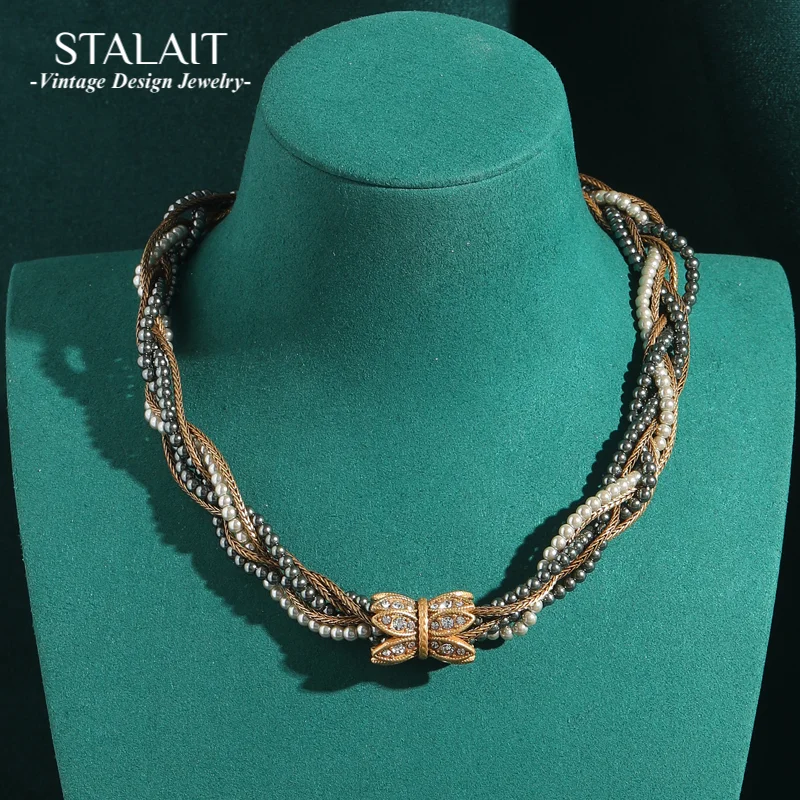 

Vintage Twisted Pearl Collar Choker Necklace Bowknot Rhinestone Woman Beautiful Wedding Gold Color Luxury Designer Jewelry 2025