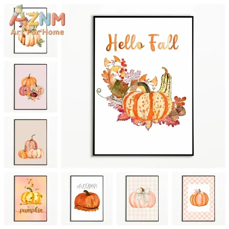 1PC Hello Fall Poster Simple Thanksgiving Pumpkin Wall Art  Autumn‑leaf Plants Canvas Printing Festival Gift Room Decor