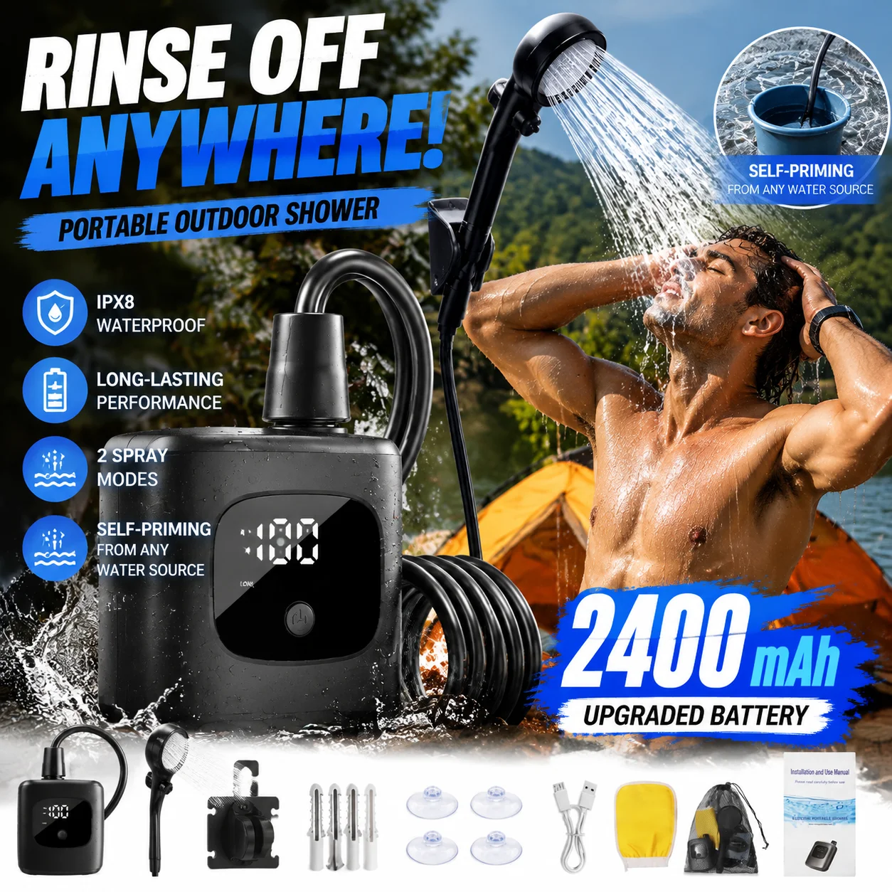 Electric Camping Shower IPX8 2‑spray Modes Digital Power‑display Self‑priming Water Pump For Camp Pet‑washing Car‑cleaning