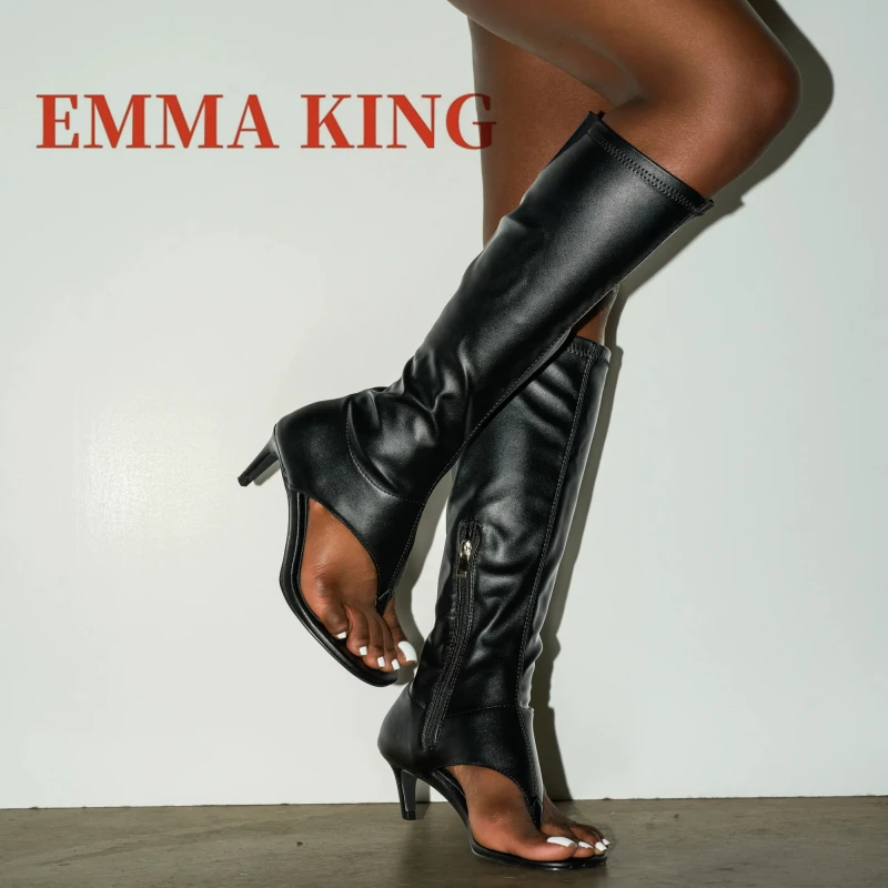 Women's Kitten Heel Thong Boots Female Open Toe Stretch Knee High Boots Spring Aututmn Fashion Runway Side Zipper Shoes 35-43