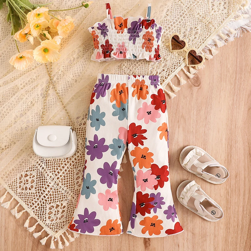 1-5Y Kids Girls Summer 2PCS Floal Pants Sets Sleeveless Ruched Floral Camisole Flared Pants Sets Sweety Children Outfits Sets