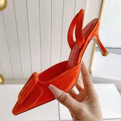 2024 Popular Designer High Heels Sandals Women Pointy Toe Velvet Wedding Party Shoes Woman Slingback Heeled Summer Sandals