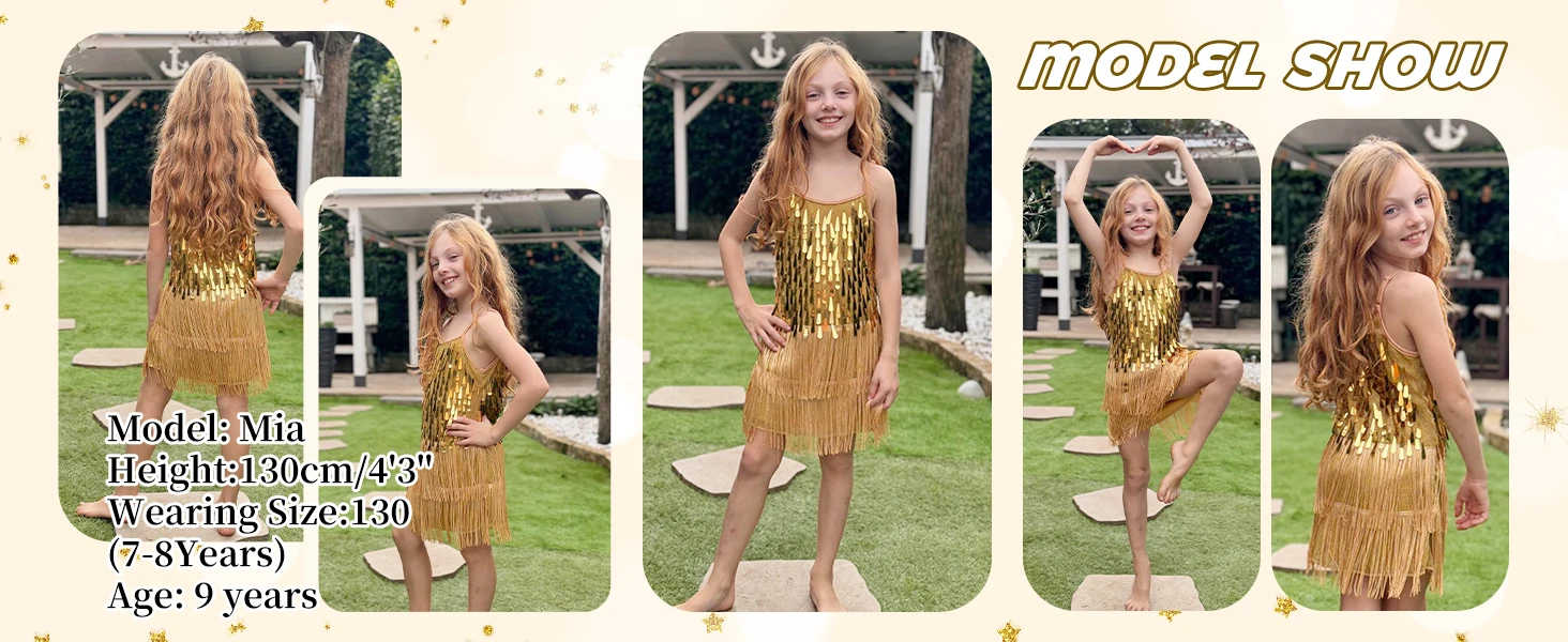 LOlanta 2 Stücke Mädchen Pailletten Latin Dance Kleid Quaste Salsa Dancewear Pailletten Fransen Kleid Leistung Outfits – Detail 5