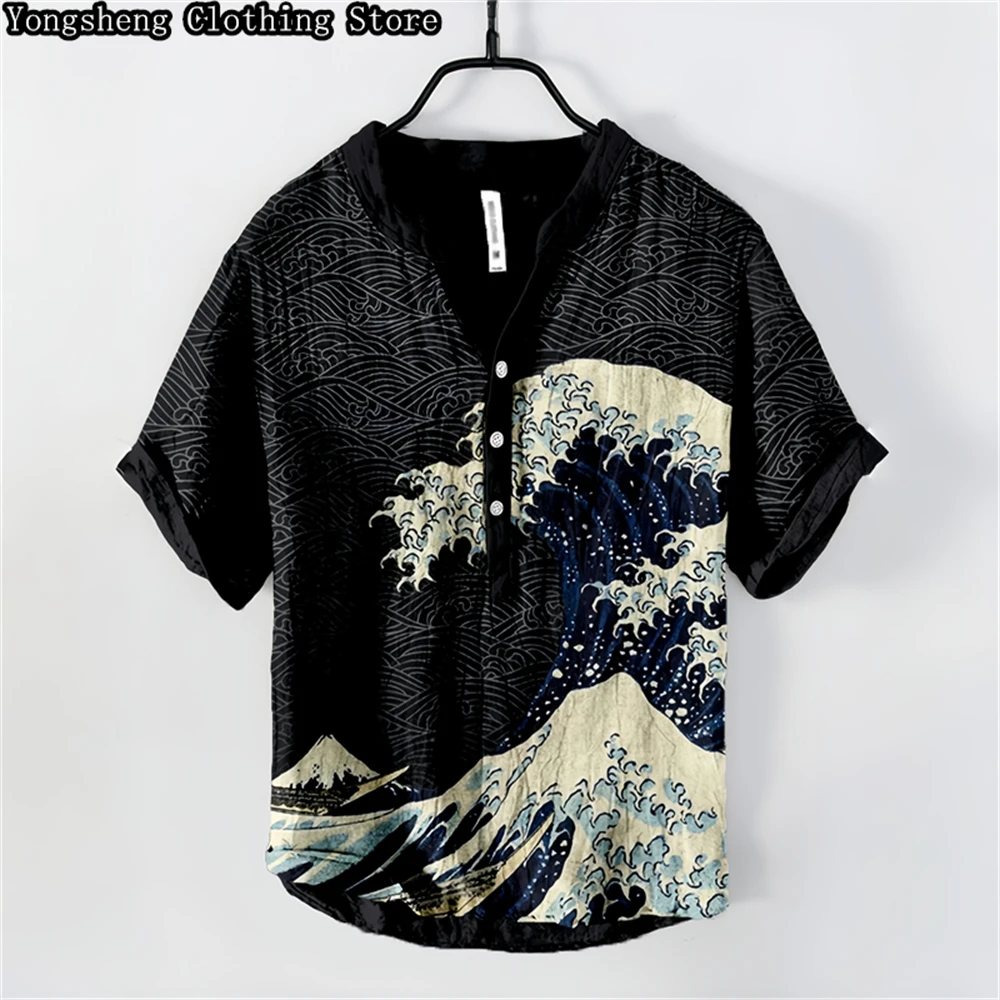 Men\'s linen printed casual POLO shirt short-sleeved 2024 Japanese and Korean popular retro popular holiday daily clothing