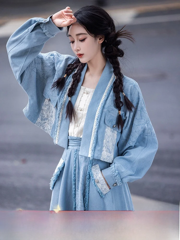 

New Chinese Sle Women's Denim Jaet with Airplane Sve f Skirt Hanfu Cotton Polyester Blend Faionable Traditional D...