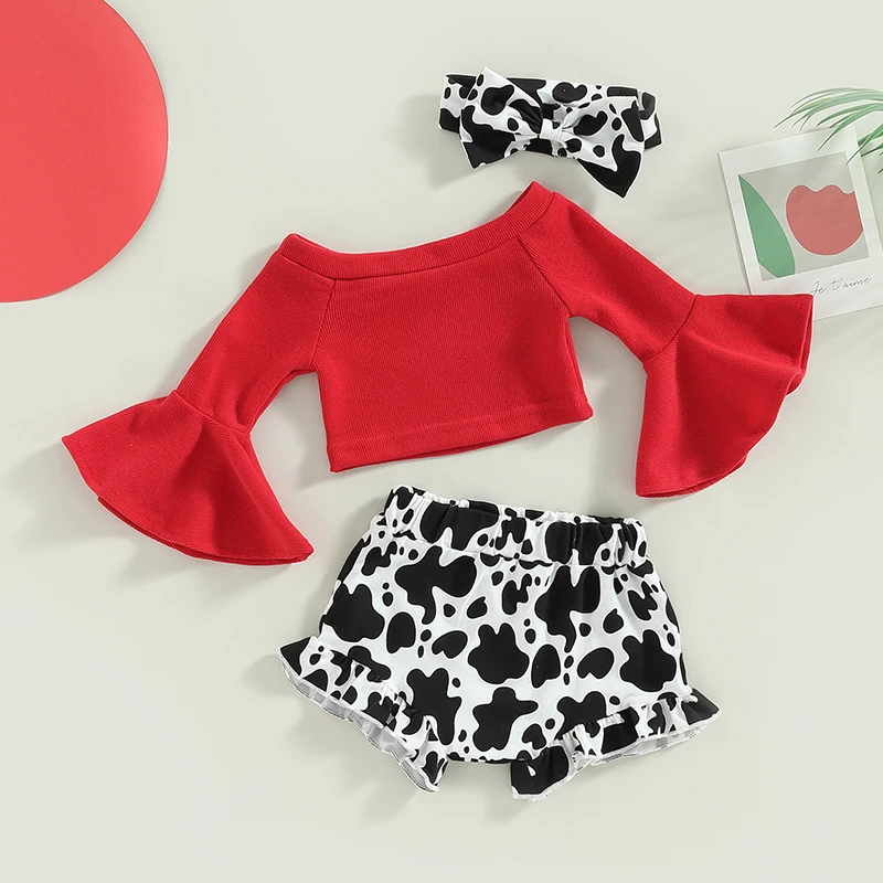 Girls Clothes Set Fashion Children Flare Sleeve Off Shoulder Crop Tops with Cow Pattern Shorts and Hairband Toddler Clothing