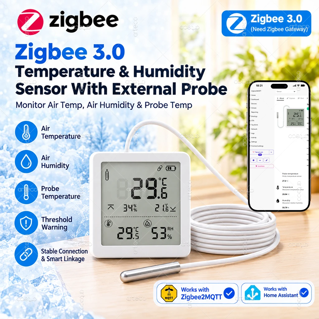Zigbee External Probe Temperature Humidity Sensor With LCD Digital Screen Thermometer For Fish Tank Freezer Supports Zigbee2MQTT