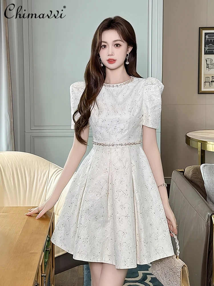 

French Elegant Socialite Heavy Industry Diamond Sequin Round Neck Short Sleeve High Waist Slim A-line Evening Dress Women Summer