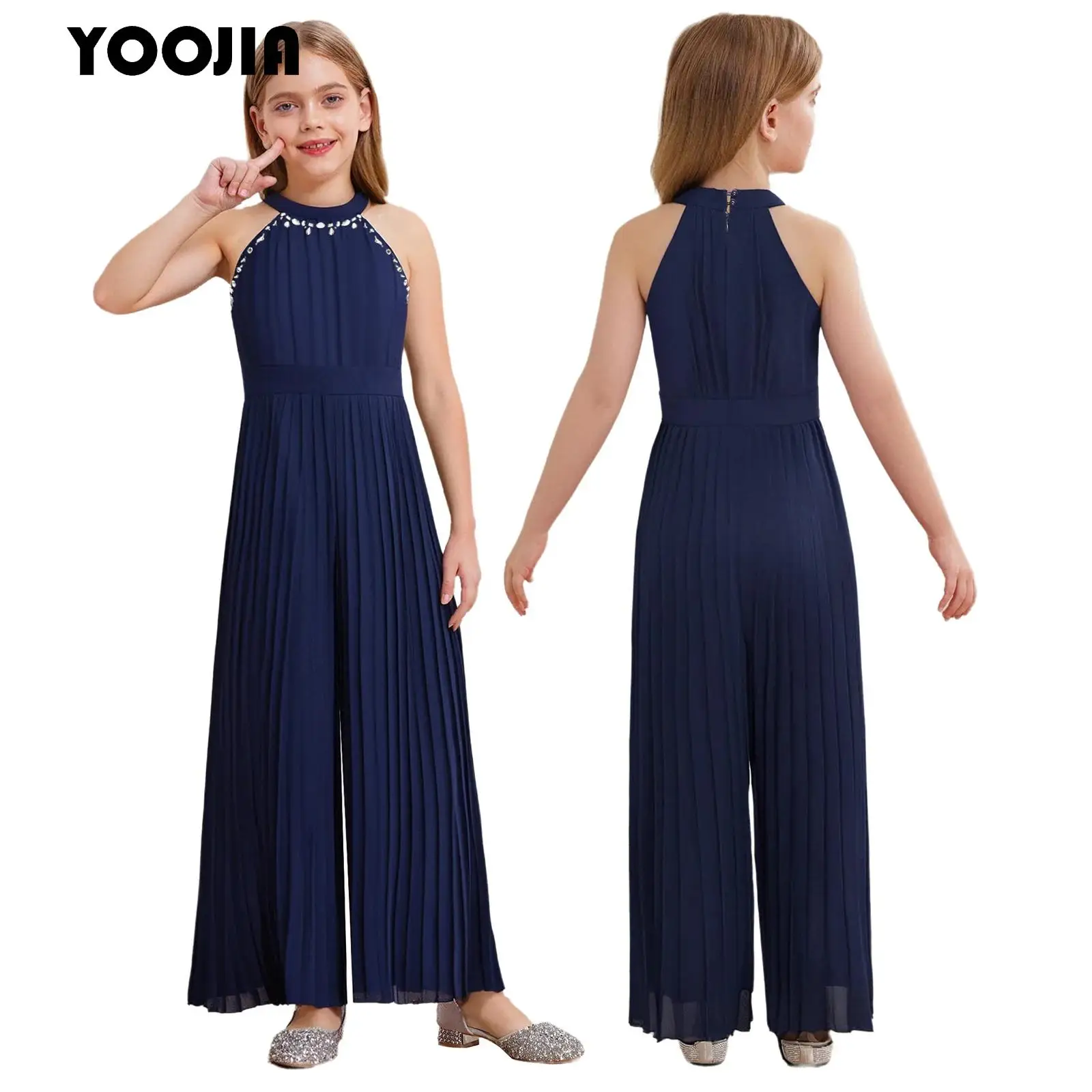 

Kids Girls Elegant Party Jumpsuit Halter Glitter Rhinestone Wide Leg Romper Pleated Full Bodysuit for Wedding Birthday Banquet